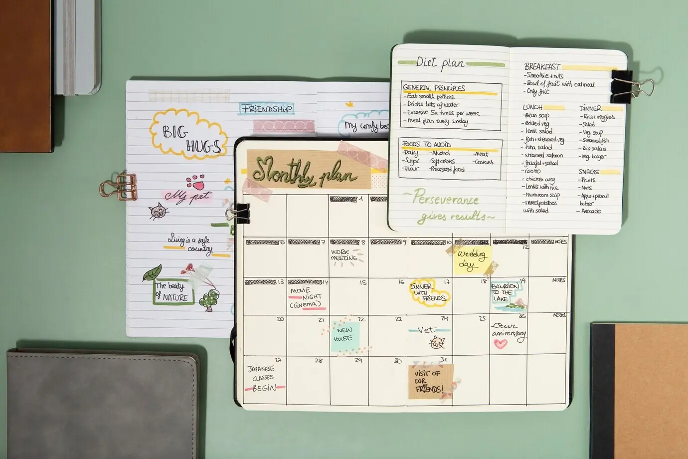 Overhead view of bullet journals and paper clips