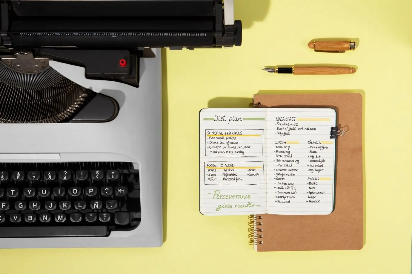Overhead view of a bullet journal and an arrangement of supplies.