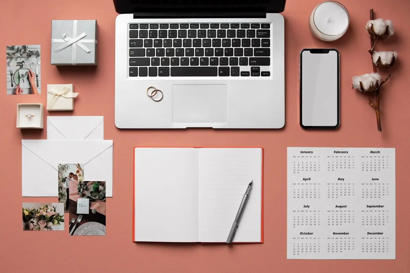 Overhead arrangement of wedding planning resources
